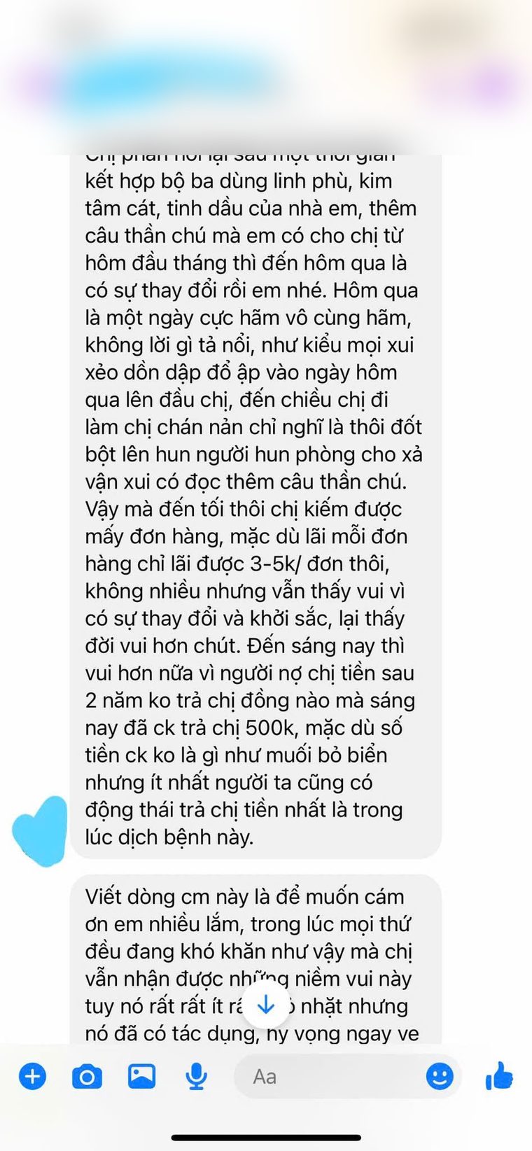 Tin nhắn dài của khách kể lại trải nghiệm dùng bột và linh phù