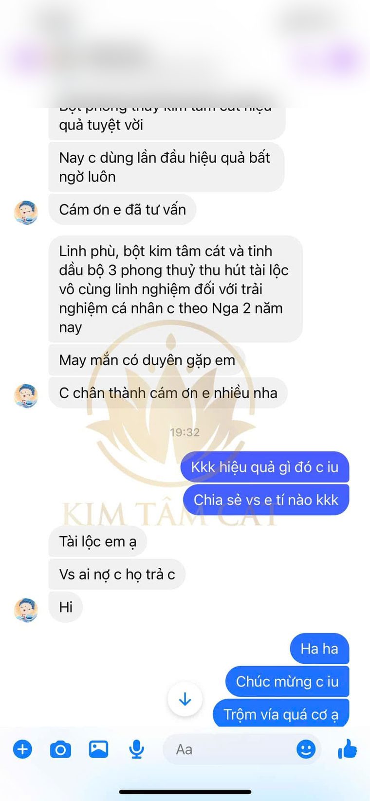 Tin nhắn khách khen bột phong thuỷ Kim Tâm Cát hiệu quả
